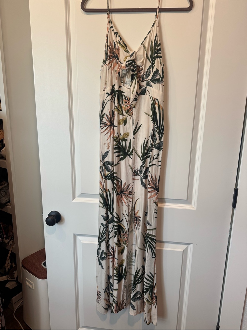 Cream Tropical Leaf Maxi Dress with Tie Front